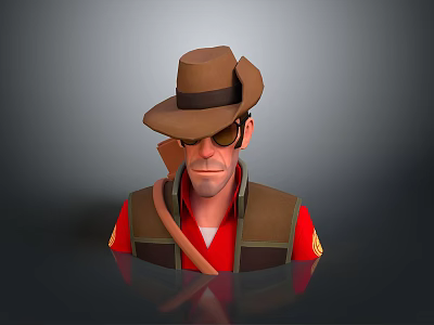 Adventurous Man With Brown Wide Brimmed Hat Sunglasses Brown Vest And Red Shirt 3d model
