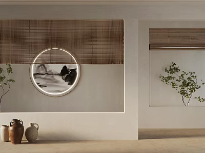 Bamboo Curtains In Minimalist Interior With Circular Painting Clay Pots And Plants 3d model