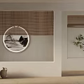 Bamboo Curtains In Minimalist Interior With Circular Painting Clay Pots And Plants