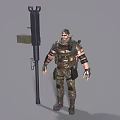 Military Character In Camouflage Uniform With Tactical Gear And Rocket Launcher