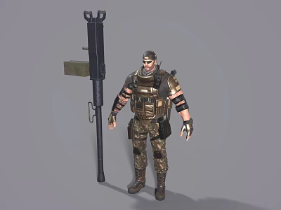 Military Character In Camouflage Uniform With Tactical Gear And Rocket Launcher 3d model