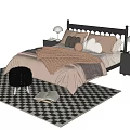 Double Bed with Black Headboard Pillows Blanket Nightstands Lamps on Checkered Rug and Open Book