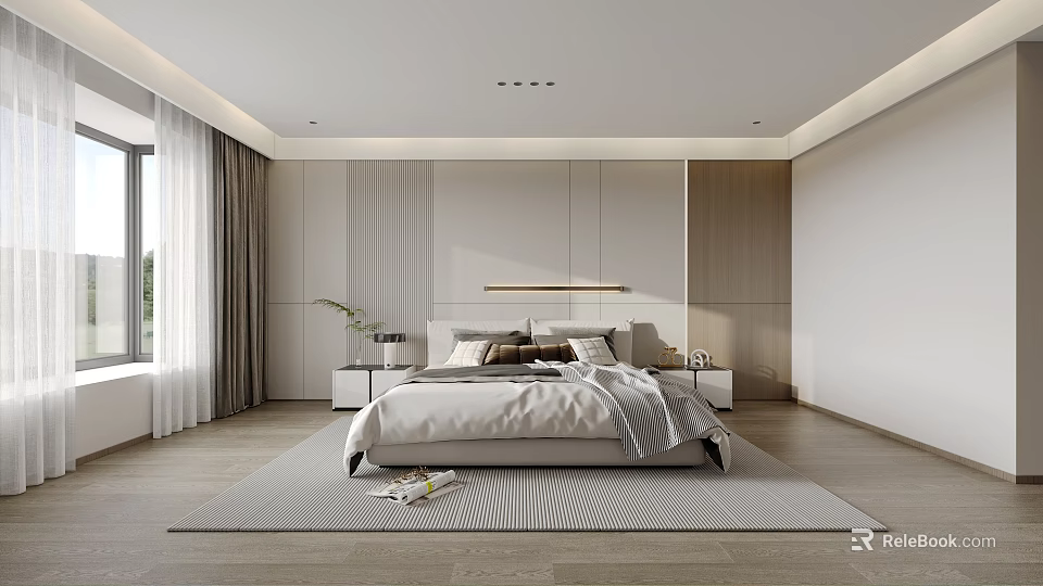 Modern Bedroom Interior Design With Large Bed Bedside Tables Soft Rug And Light Walls 3d model 