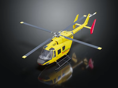 Yellow Helicopter With Rotor Blades Cockpit Windows And Reflective Surface Design 3d model