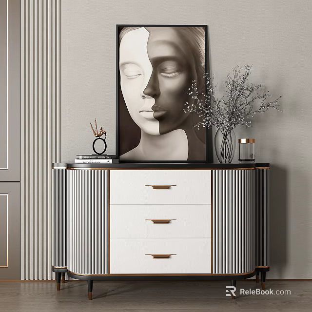Modern Entryway Console Table with Striped Panels White Drawers Metal Handles and Decorative Vase 3d model 