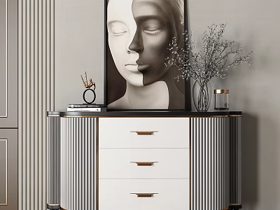 Modern Entryway Console Table with Striped Panels White Drawers Metal Handles and Decorative Vase 3d model