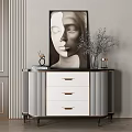 Modern Entryway Console Table with Striped Panels White Drawers Metal Handles and Decorative Vase