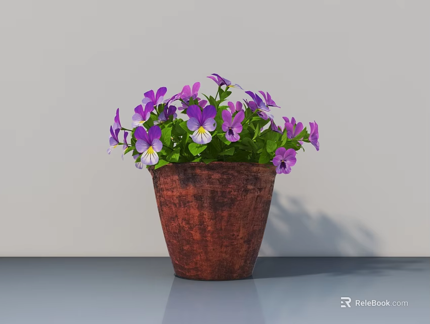 Potted Plant With Purple Flowers Yellow White Centers In Brown Terracotta Pot On Gray Surface 3d model 