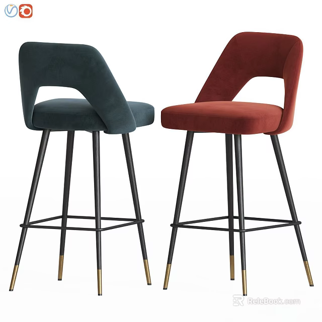 Modern Navy Blue Burgundy Velvet Bar Stools With Black Metal Legs Gold Accent Feet 3d model 