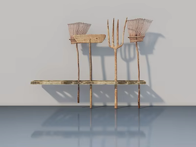 Vintage Rustic Metal Artwork With Horizontal Plate And Farm Tool Inspired Structures On Blue Surface 3d model