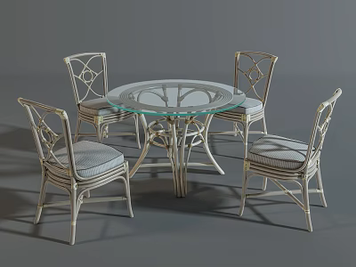Round Glass Top Outdoor Table With Four Wicker Chairs And Gray Cushions 3d model
