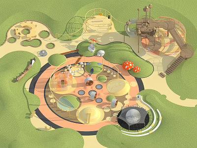 Children's Play Area Design With Mushroom Shaped Structures Circular Play Zone Climbing Nets and Slides 3d model