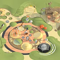 Children's Play Area Design With Mushroom Shaped Structures Circular Play Zone Climbing Nets and Slides