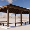 Wooden Garden Pavilion With Brown Roof And Benches On White Platform