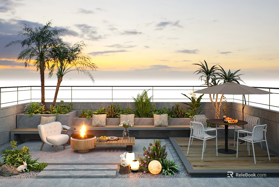 Roof Garden Terrace With Sunset View Palm Trees Fire Pit And Outdoor Furniture 3d model 
