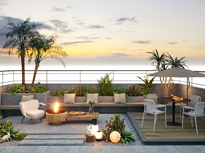 Roof Garden Terrace With Sunset View Palm Trees Fire Pit And Outdoor Furniture 3d model