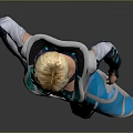 Futuristic Female Character in Tech Armor Suit with Blue White Gray Design and Mechanical Accents