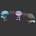 Three Cartoon Dolls With Blue Gray Bodies Antler Decorations And Red Feet