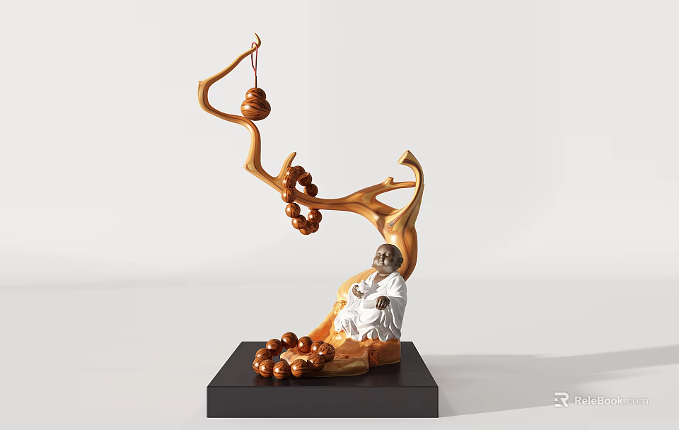 Decorative Ornament Set With Curved Branch Hanging Beads And Sitting Buddha Figurine On Black Base 3d model 