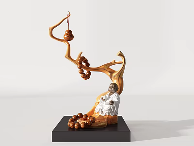 Decorative Ornament Set With Curved Branch Hanging Beads And Sitting Buddha Figurine On Black Base 3d model