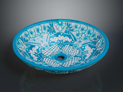 Artisan Carved Ceramic Basin with Blue White Floral Decorative Patterns 3d model