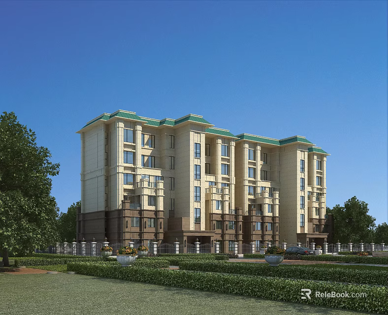 Contemporary Residential Building With Multiple Floors Beige Brown Exterior Green Roof Balconies Trees And Lawn 3d model 