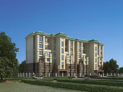 Contemporary Residential Building With Multiple Floors Beige Brown Exterior Green Roof Balconies Trees And Lawn 3d model