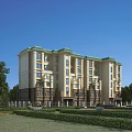 Contemporary Residential Building With Multiple Floors Beige Brown Exterior Green Roof Balconies Trees And Lawn