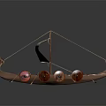 Traditional Wooden Boat With White Sail Prow Decoration Oars And Round Elements On Dark Background