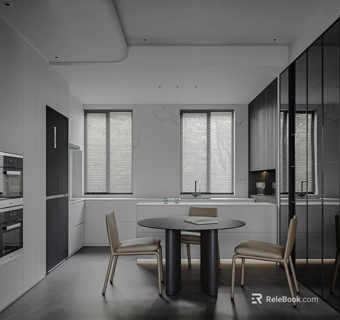 Modern Open Dining Living Room Interior Design With Round Table And Beige Chairs 3d model