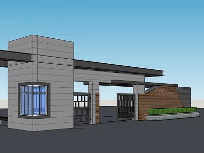 Modern Entrance Gate Design With Gray Stone Walls Black Roof Glass Window And Wooden Accents 3d model