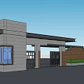 Modern Entrance Gate Design With Gray Stone Walls Black Roof Glass Window And Wooden Accents