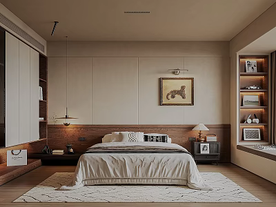Middle Ancient Style Bedroom Bed Wardrobe Bedside Table Decorative Painting Hanging Painting Bay Window Chandelier Table Lamp Carpet Clothes 3d model