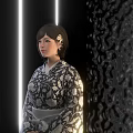 Elegant Woman Wearing Traditional Kimono With Floral Pattern And Decorative Backdrop