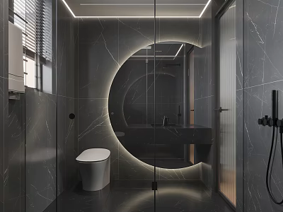 Modern Bathroom Interior With Gray Marble Tiles Circular Illuminated Mirror And Glass Shower 3d model