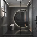 Modern Bathroom Interior With Gray Marble Tiles Circular Illuminated Mirror And Glass Shower
