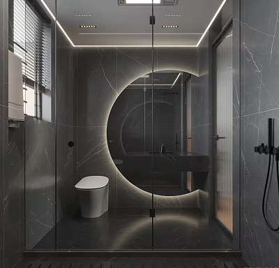 Modern Bathroom Interior With Gray Marble Tiles Circular Illuminated Mirror And Glass Shower 3d model