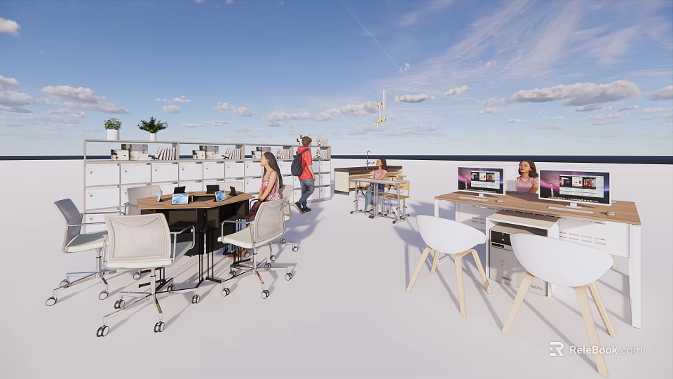 Outdoor Open Workspace Desk With Laptops People Plants And Blue Sky Clouds 3d model 
