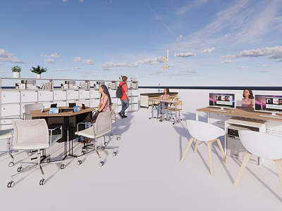 Outdoor Open Workspace Desk With Laptops People Plants And Blue Sky Clouds 3d model