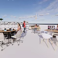 Outdoor Open Workspace Desk With Laptops People Plants And Blue Sky Clouds