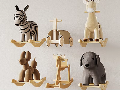 Wooden Animal Shaped Building Blocks Displayed On Shelves For Kids Decor 3d model