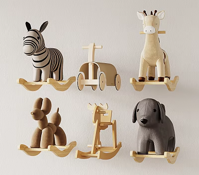 Wooden Animal Shaped Building Blocks Displayed On Shelves For Kids Decor 3d model