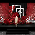 Romantic Photo Spot With Red Roses Silver Frames Crystal Chandelier And Red Curtains