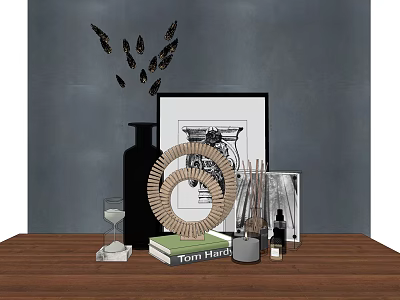 Decorative Ornament Set with Spiral Decor Hourglass Butterfly Wall Art and Book on Wooden Table 3d model