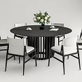 Modern Round Black Dining Table Set With White Chairs And Flower Vase 3d model