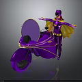 Masked Figure In Purple And Yellow Costume Standing By Vibrant Purple Motorcycle With Cape
