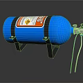 Blue Gas Cylinder With Orange Warning Label Black Metal Stand And Connected Hose