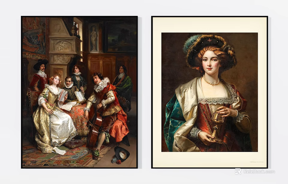 Classical Figure Paintings Featuring Group and Single Portraits in Historical Attire 3d model 