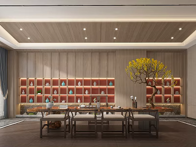 Elegant Tea Room Interior With Wooden Wall Panels Tea Set Display Shelves And Decorative Tree 3d model