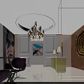 Modern Beauty Salon Lobby With Chandelier Decorative Artwork Purple Chairs And Reception Desk
